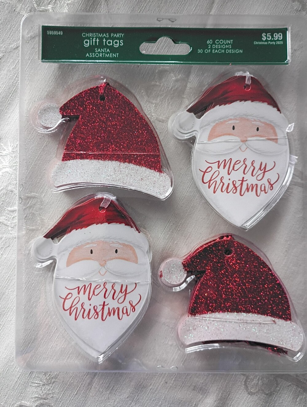 Santa Gift Tags, 60 Count, 2 Designs, 30 of Each Design, NWT